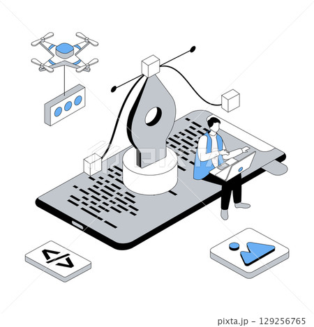 Designer studio 3d isometric concept with isometry people design for web. Visual artist drawing digital content, coding and programming application, working with inspiration. Vector illustration 129256765