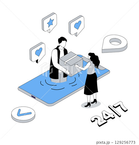 Delivery service 3d isometric concept with isometry people design for web. Client receiving parcel box from courier, making online shopping, ordering fast shipping in mobile app. Vector illustration Delivery service 3d isometric concept with isometry people design for web. Client receiving parcel box from courier, making online shopping, ordering fast shipping in mobile app. Vector illustration 129256773