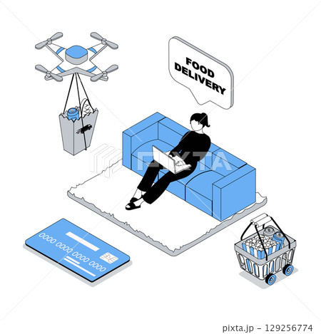 Delivery service 3d isometric concept with isometry people design for web. Client ordering food and making payment with credit card, receiving parcel box from flying drone courier. Vector illustration 129256774