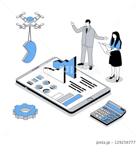 Data analysis 3d isometric concept with isometry people design for web. Business team researching and processing charts and graphs, calculating profit and making improvements. Vector illustration 129256777