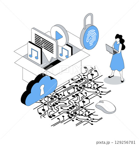 Cyber security 3d isometric concept with isometry people design for web. Woman protecting from hacker attacks digital files and documents and using fingerprint scan verification. Vector illustration 129256781