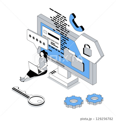 Cyber security 3d isometric concept with isometry people design for web. Woman protecting from phishing her confidential financial information and using password lock access. Vector illustration 129256782