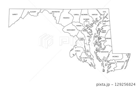 State of Maryland, subdivided into 23 counties and the independent City of Baltimore, outline map. State in the Mid-Atlantic region of the United States, nicknamed Old Line State. Isolated. Vector 129256824