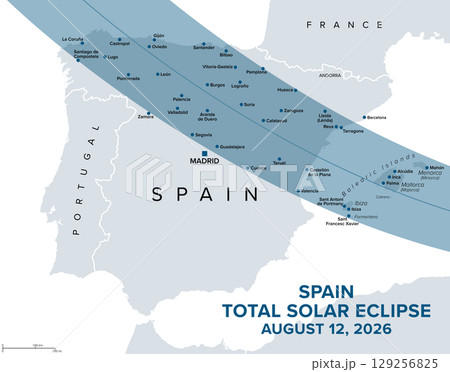 Spain, total solar eclipse, August 12, 2026, path of totality, map with cities. Moon fully obscuring the sun, crossing from west to east through northern half of Spain, including the Balearic Islands. 129256825