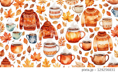 温かいコーヒーとニット、紅葉の葉が描かれた秋のパターン背景 129256831