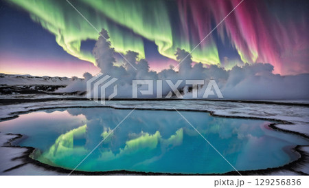 温泉とオーロラが織りなすアイスランドの幻想的な夜の絶景 129256836