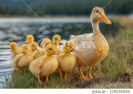 Ducklings follow mother along peaceful lake edge in glowing spring morning light 129256936