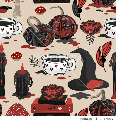 Spooky Halloween seamless pattern with black and red candles, warty pumpkins, witch hat and gloves, witchcraft books and amanita mushrooms. Scary Halloween background clip art 129257005