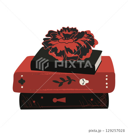 Pile of vintage books with a marigold flower on the top. Halloween books composition isolated on white background. Vector illustration. 129257028