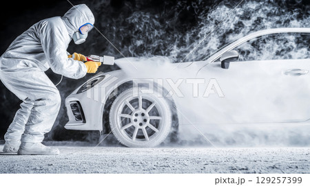 Professional car cleaning with dry ice blasting by male technician in protective suit Professional car cleaning with dry ice blasting by male technician in protective suit 129257399