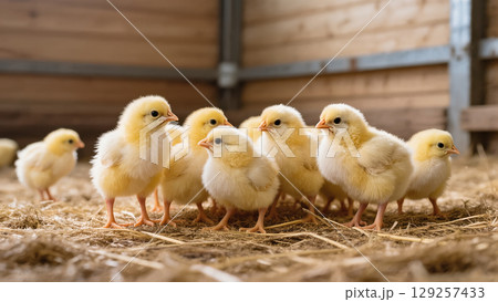 Group of fluffy yellow chicks standing on straw inside a wooden barn, symbolizing farming and early life on a poultry farm. 129257433