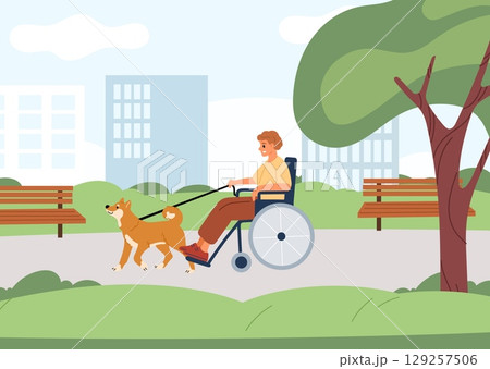 Guy in wheelchair walks dog in city park. Disabled persons outdoor stroll. Pet leading handicapped man. Trained animal help boy with disability. Handicap accessibility. Vector concept Guy in wheelchair walks dog in city park. Disabled persons outdoor stroll. Pet leading handicapped man. Trained animal help boy with disability. Handicap accessibility. Vector concept 129257506