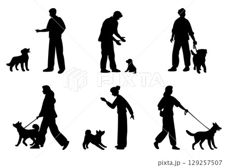 Guys and girls playing with dogs. Domestic doggy animal at leash. Happy people together with canine mammal in nature. Puppy obedience training. Pet owner. Vector set of dark silhouettes 129257507