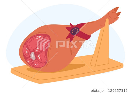 Hamon ham cured pork meat on wooden stand. Delicatessen meat meal. Premium iberico. Spanish jamon. Preserved hindquarter. Leg with hoof. Traditional prosciutto. Vector food product Hamon ham cured pork meat on wooden stand. Delicatessen meat meal. Premium iberico. Spanish jamon. Preserved hindquarter. Leg with hoof. Traditional prosciutto. Vector food product 129257513