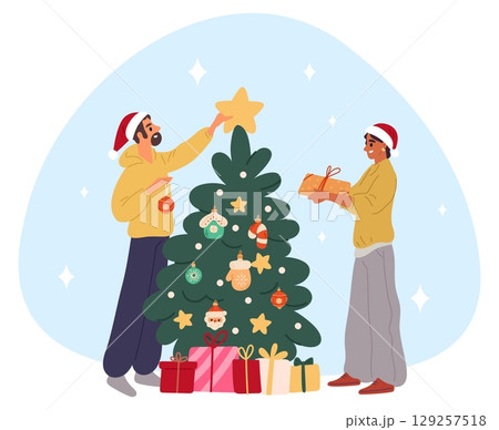 Man and woman decorate Christmas tree. Girl placing boxes of gifts around. Guy putting star on festive fir. Family preparing for New Year celebration. Traditional decoration. Vector concept 129257518