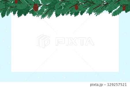 Spruce garland with cones. White poster and falling snow. Holiday greeting frame. New year botanical decoration. Coniferous wreath. Conifer natural branches. Vector new year background 129257521