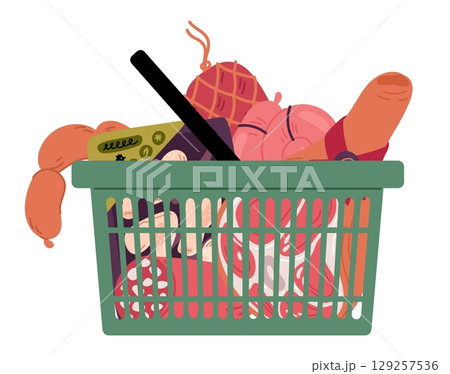 Store shopping cart filled with meat products, wieners and sausages. Meat ham and chicken tray. Beef and pork products buy. Butchery purchase. Full container. Vector supermarket object 129257536