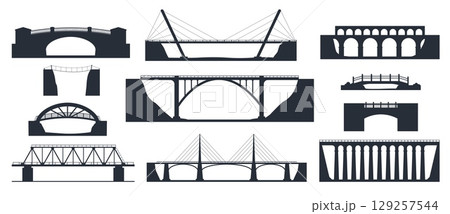 Various bridge structures. Stone and wooden construction. Metal drawbridge. Rural footbridge. Highway and pedestrian crossover. Railroad ferriage. Vector architecture black silhouette set 129257544