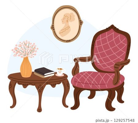 Vintage armchair with table of books, tea cup and flowers in vase. Retro furniture. Home luxury interior. Picture in wooden frame. Apartment decoration. Vector living room furnishing 129257548