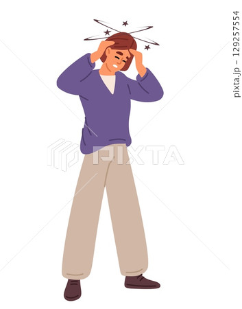 Woman holding head with her hands dizziness or fainting. Girl suffering from headache. Confused female feeling pain. Vertigo and migraine disorder. Unhealthy patient. Vector concept 129257554