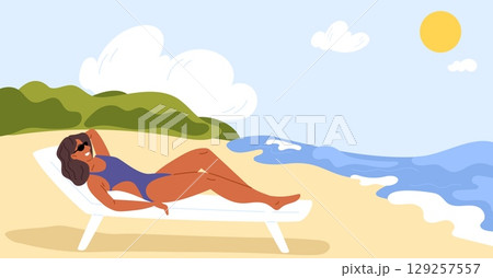 Woman sunbathing lying on sun lounger on summer beach. Vacation at sea. Tropical seashore resort. Happy girl tanning in bikini. Tourist relaxing outdoor. Summertime travel. Vector concept 129257557