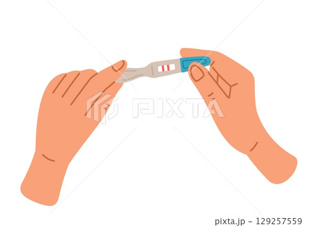 Womans hand holding two stripe pregnancy test. Maternity checking. Fertility control. Ovulation exam result. Childbirth waiting. Conceive analysis. Prenatal planning. Vector concept 129257559