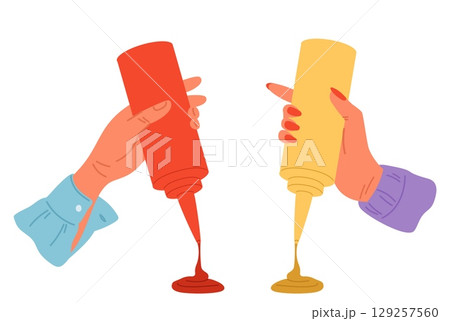 Womans hand holds plastic sauce bottle and squeezes out mustard and ketchup. Arms holding dispenser for mayonnaise and chili salsa. Food container. Condiment dressing. Vector concept 129257560