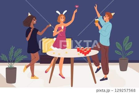 Young people having fun and play beer pong. Guys and girls playing at party. Woman throwing ball into beerpong glass. Man with ale pint. Alcohol challenge. Game competition. Vector concept 129257568