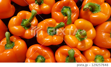 Orange Bell Peppers at the farmers market, natural food background 129257648