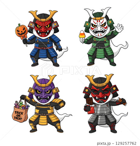 Samurai in a anime-style cartoon, samurai costume, Transparent background 129257762