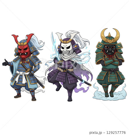 Samurai in a anime-style cartoon, samurai costume, Transparent background 129257776