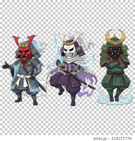 Samurai in a anime-style cartoon, samurai costume, Transparent background 129257776