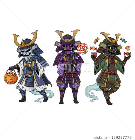 Samurai in a anime-style cartoon, samurai costume, Transparent background 129257779