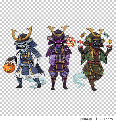 Samurai in a anime-style cartoon, samurai costume, Transparent background 129257779