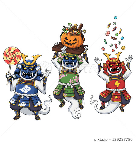 Samurai in a anime-style cartoon, samurai costume, Transparent background 129257780