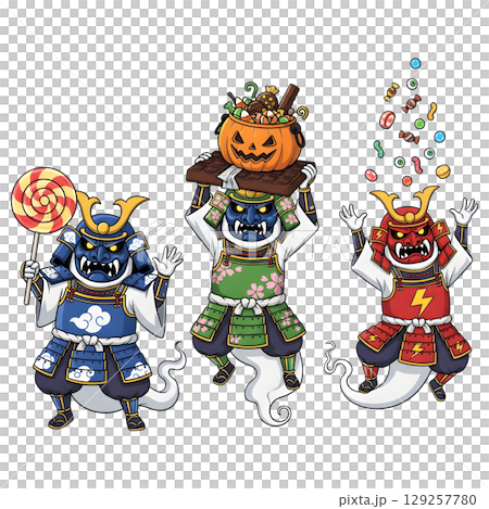 Samurai in a anime-style cartoon, samurai costume, Transparent background 129257780