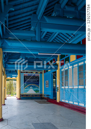 Wooden colorful Mosque, Dungan mosque in Karakol, Kyrgyzstan. Travel landmark. Wooden colorful Mosque, Dungan mosque in Karakol, Kyrgyzstan. Travel landmark. 129257784