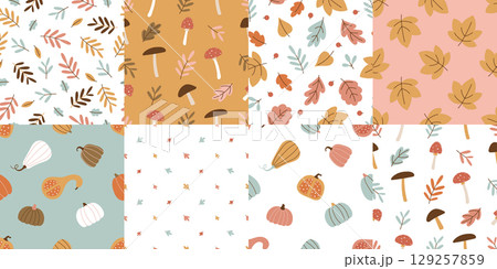 Seamless fall patterns with pumpkins mushrooms and leaves Seamless fall patterns with pumpkins mushrooms and leaves 129257859