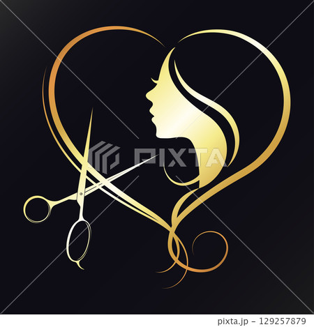 Girl with curls hair, heart and scissors golden beauty salon design 129257879