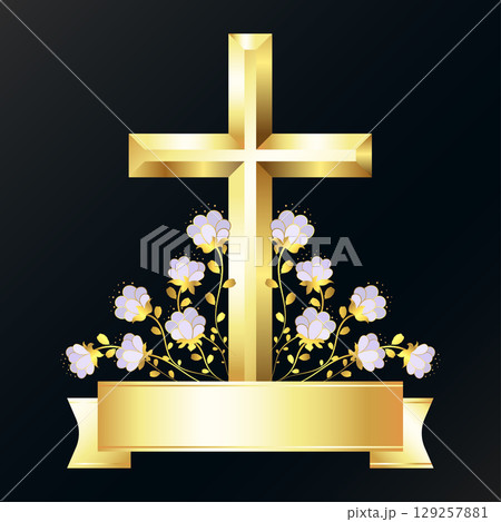 Golden Christian cross with ribbon and beautiful flowers 129257881