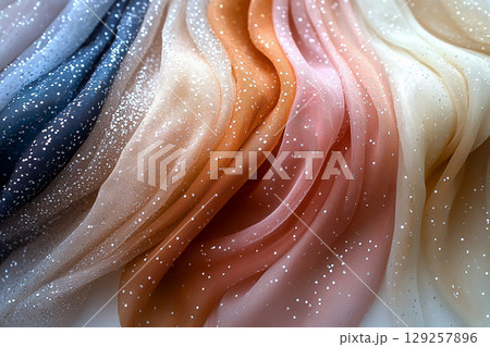 Luxury fabric. Diversity of bridal tulle with crystal embellishments is hanging on the wall. Luxury fabric. Diversity of bridal tulle with crystal embellishments is hanging on the wall. 129257896