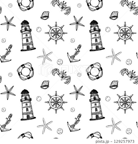 Seamless repeat pattern with elements such as ship wheel, crab, starfish, anchor, lifebuoy. The detailed hand drawn black and white vector illustrations perfect for fabric wallpaper. 129257973
