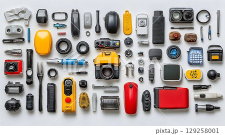 Camera parts and accessories flatlay technology and gadget components 129258001