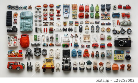 Miniature toy collection colorful small objects on white background Miniature toy collection colorful small objects on white background 129258002