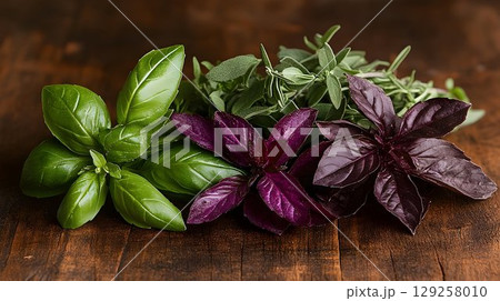 Fresh culinary herbs basil sage rosemary overhead shot Fresh culinary herbs basil sage rosemary overhead shot 129258010