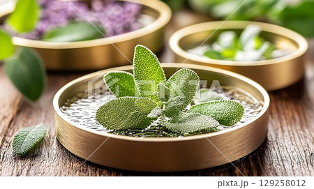 Fresh sage leaves in golden bowl closeup herbal photography 129258012