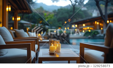 Tranquil resort poolside at dusk illuminated seating area 129258073