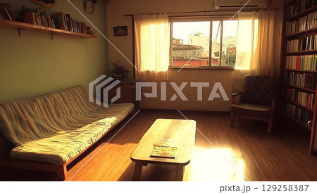 Sunlit living room interior with bookshelves and sofa 129258387