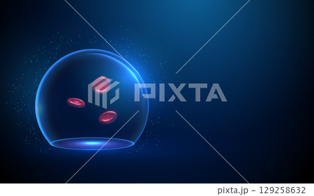 Red blood cells under glass dome. Hemolysis prevention, infection control, toxin defense, autoimmune reaction monitoring, blood cell preservation, hematology research concept. 129258632
