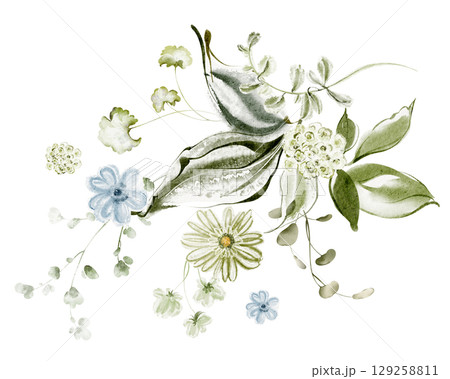 Watercolor Flower Bouquet With Small Flowers 129258811